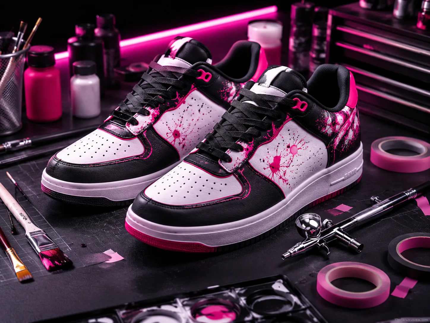 Par de tênis preto e branco customizado com detalhes rosa sobre bancada de atelier com aerógrafo e materiais