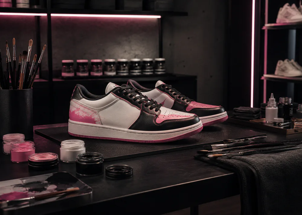 Tênis preto e pink em andamento de reparo detalhado com pincéis sobre bancada escura com neon