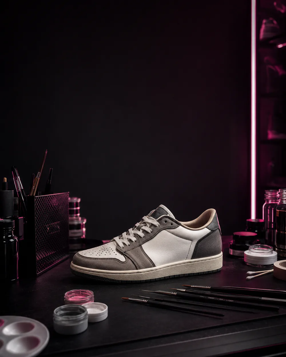 Tênis cinza desgastado sobre bancada de atelier com iluminação rosa neon, aguardando restauração